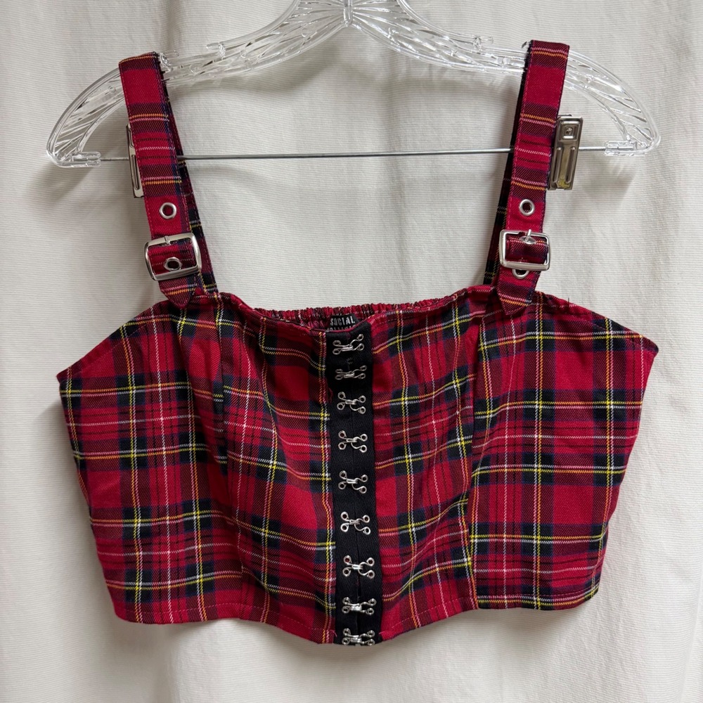 Social Collision Red Plaid Crop Top Buckle Straps Hook Eye Medium Goth Grunge